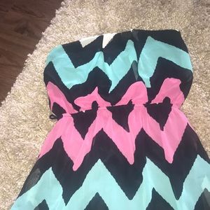 Strapless chevron-print high-low maxi dress